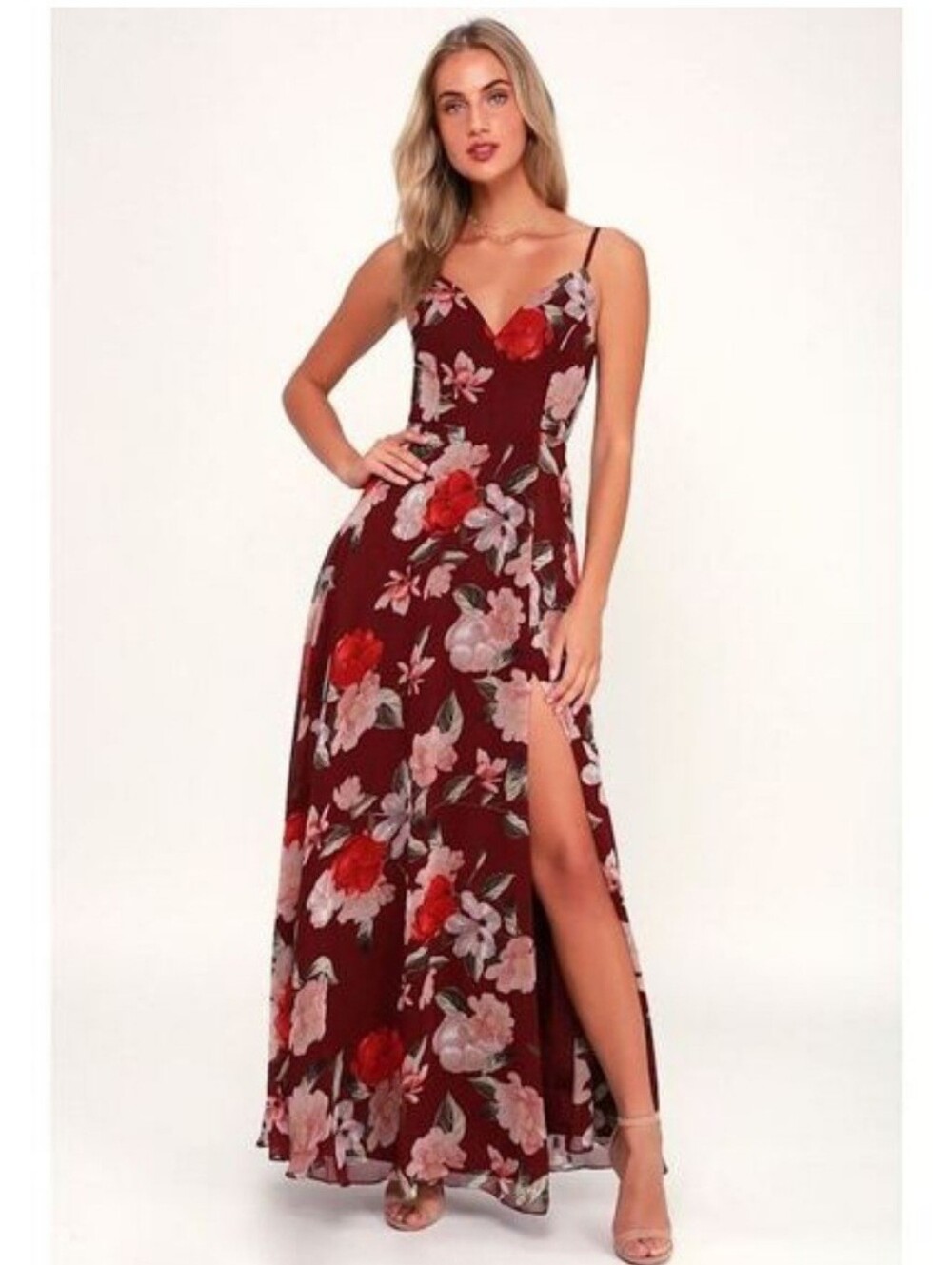 Lulus Into Bloom Burgundy Floral Print Maxi Dress size X Small